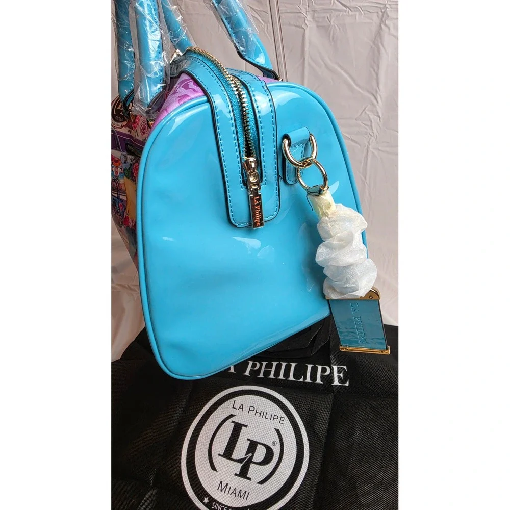 La Philipe Bold Beauty Satchel Handbag Turquoise Purple Floral Graphic LP1020